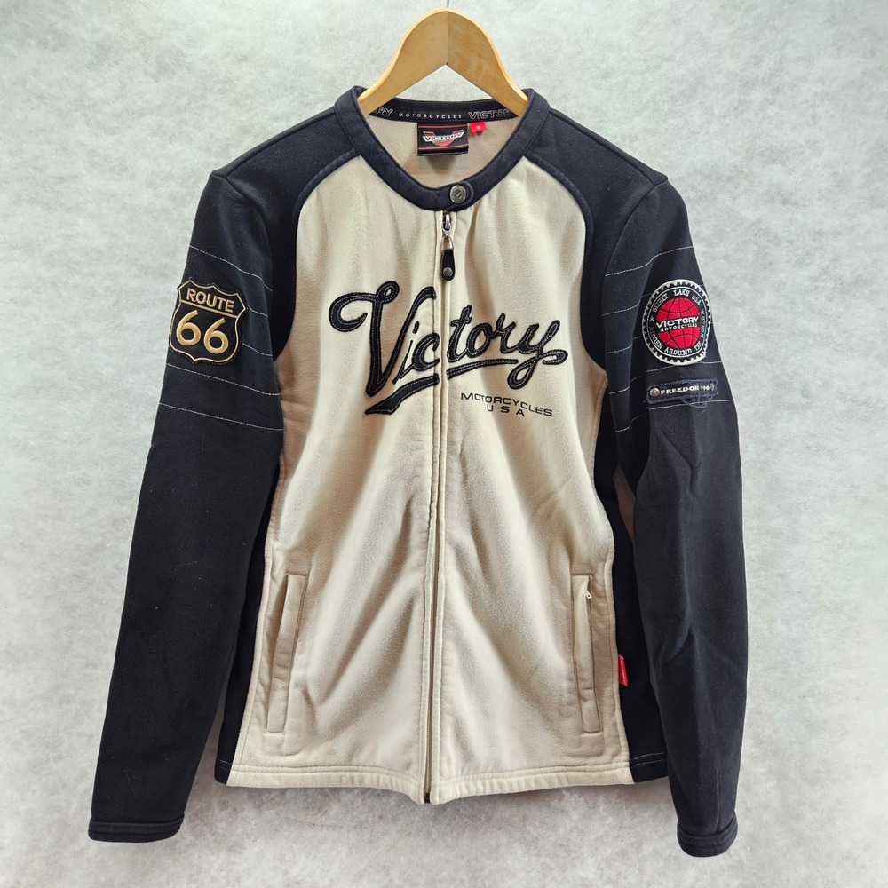 Victory Motorcycles Womens Sweater Jacket Full Zip Route66 Graphic Black Beige S